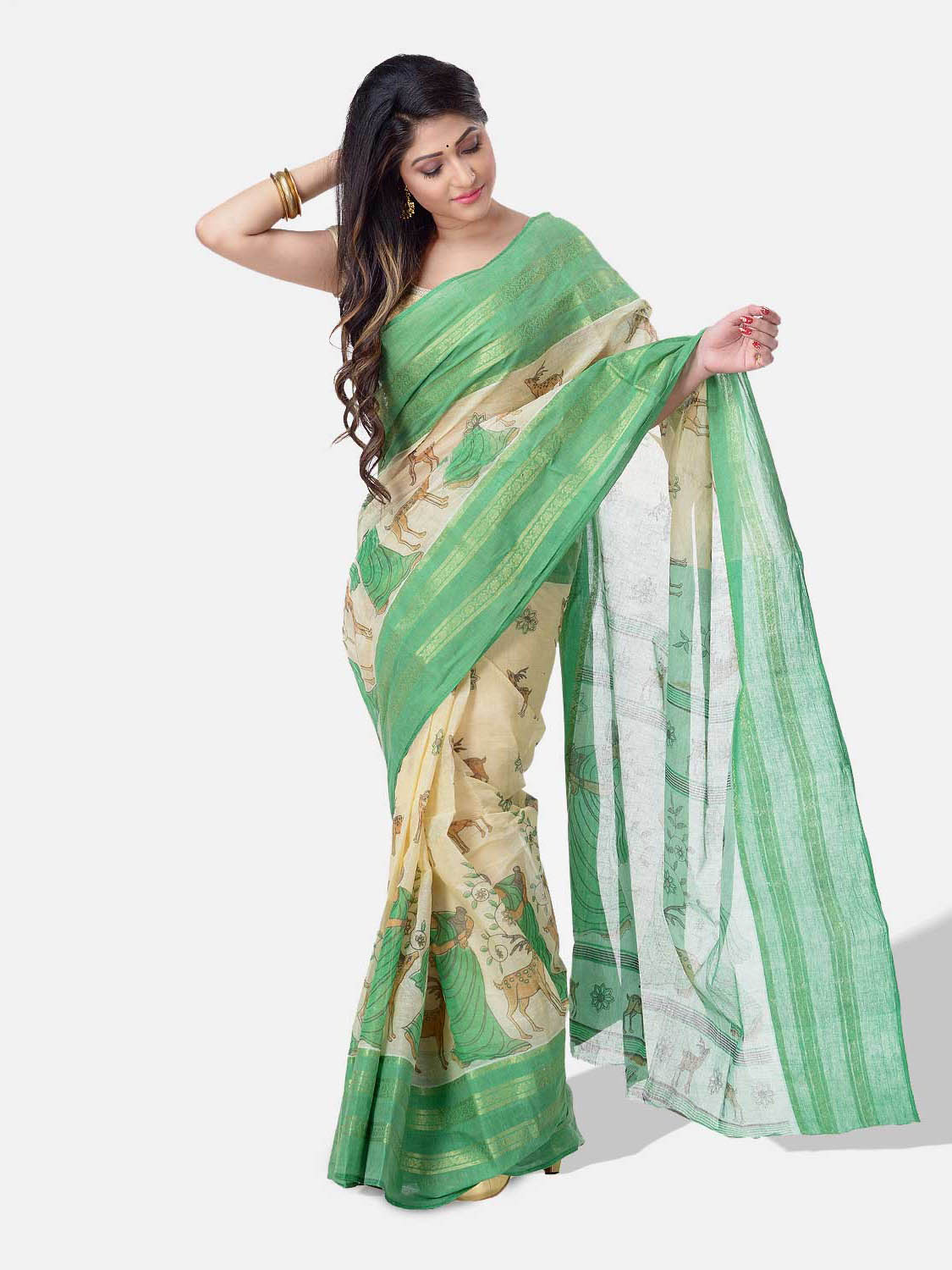 Sakuntala Devi Design Handloom Cotton Traditional Bengal Tant Saree With  Green and White